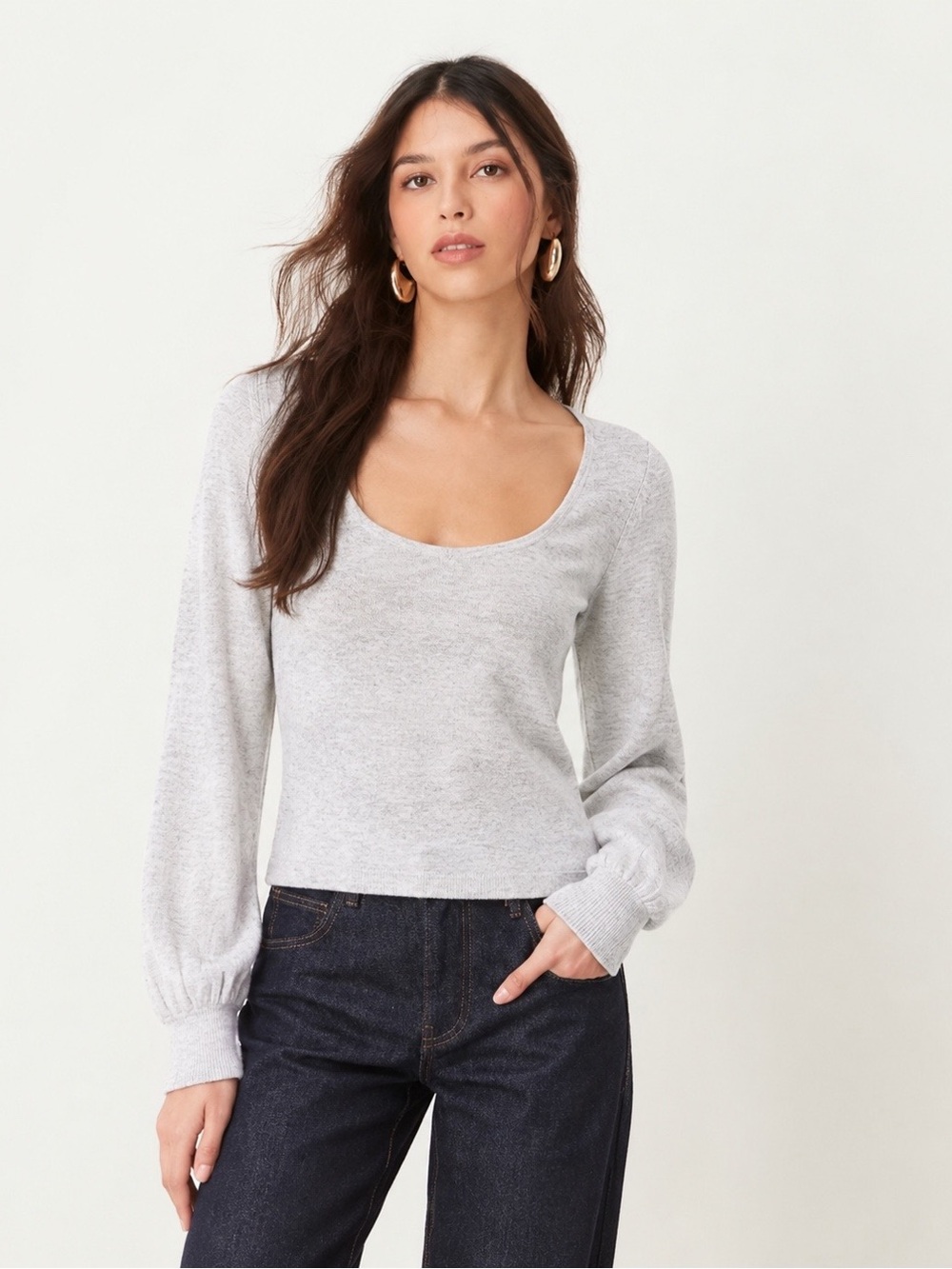 & Other Stories Heather Gray Scoop Neck Balloon Sleeve Sweater Small